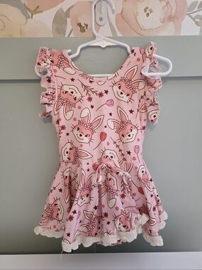 cheeky plum Pink Bunny Rabbit Print Ruffled Dance Leotard Romper 4t